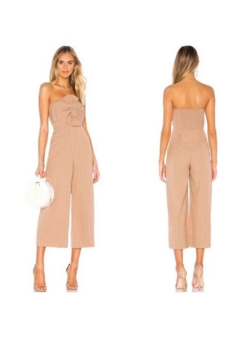 Tularosa Sadie Bow Linen Cotton Blend Striped Khaki Jumpsuit Coastal Size XS